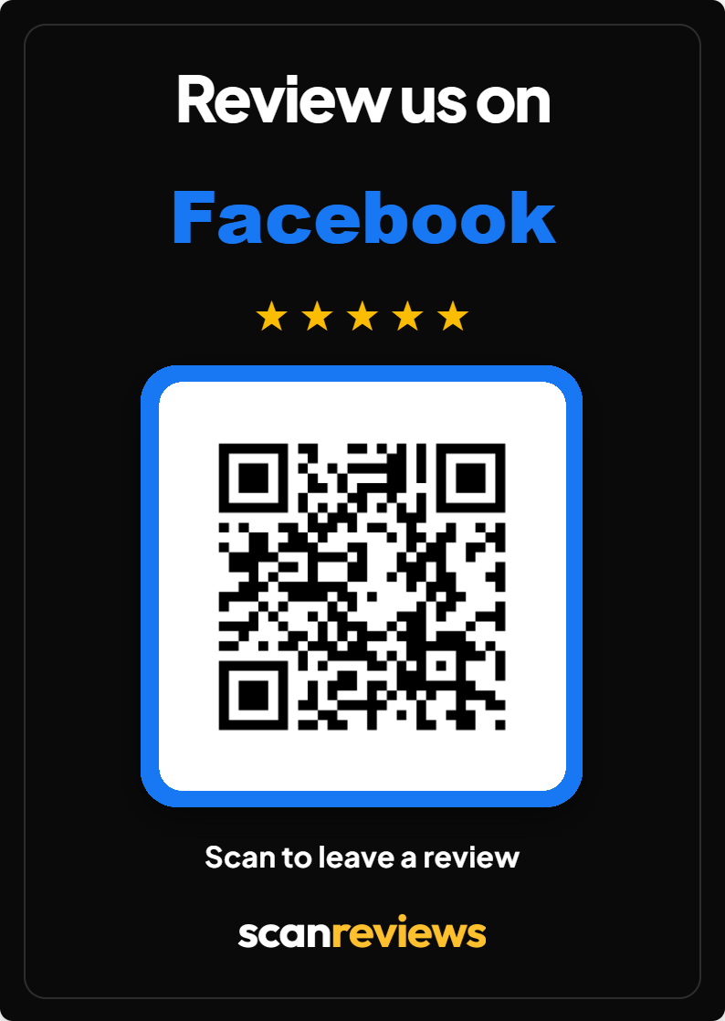 Facebook review card, matte black with printed QR code