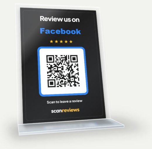 Facebook Review Card in its acrylic desk stand