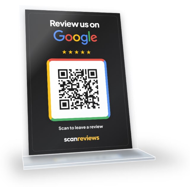 Review card in its acrylic stand on a counter